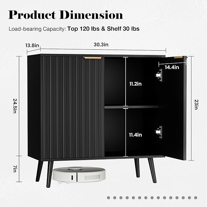 Set of 2 Fluted Storage Cabinet, Buffet Cabinet with Storage, Wood Sideboard with Adjustable Shelf, Modern Accent Cabinet & Console Table for Entryway, Living Room, Dining Room, Black