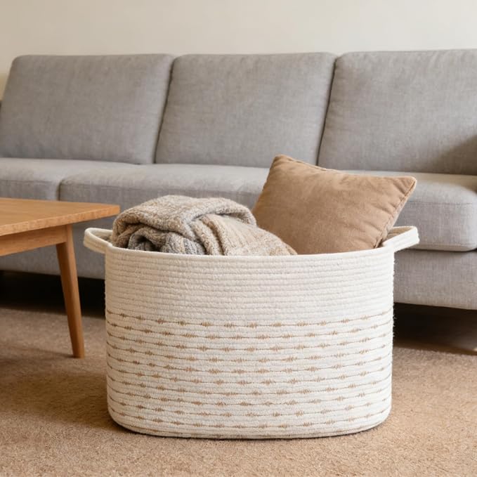 96L Extra Large Cotton Rope Laundry Basket with Sturdy Handles | 24x16x15 Foldable Rectangular Blanket Basket for Toys, Clothes & Pillows,Ideal for Nursery, Bathroom, Bedroom, Living Room