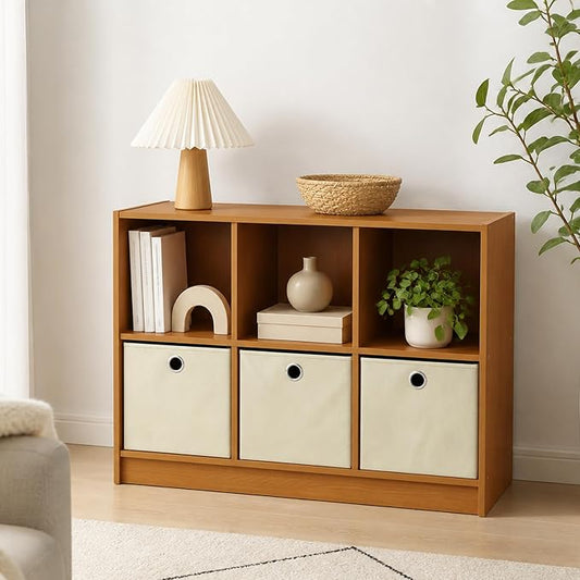 6-Cube Bookshelf with Storage Bins, Cube Bookcase, Book Shelf with Storage Bins, 11.9 x 31.6 x 23.6, for Living Room, Home Office, Light Cherry