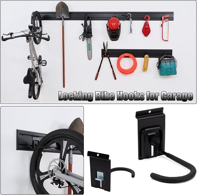 Slat Wall Accessories Garage Hooks Heavy Duty Slatwall Panel Hook Locking Bike Hook for Slat Wall Hooks for Hanging Ladder Storage System Black Accessory for Power Tools Organizer (28 Hook)