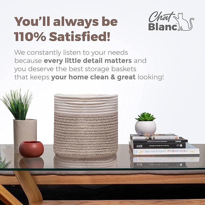 CHAT BLANC Cotton Rope Baskets for Organizing | Storage Baskets for Shelves | Rope Basket for Storage, Small Laundry Baskets, Woven Baskets for Storage, Dog Toy Bin, Baby Basket,Off White&Brown 3 Pack