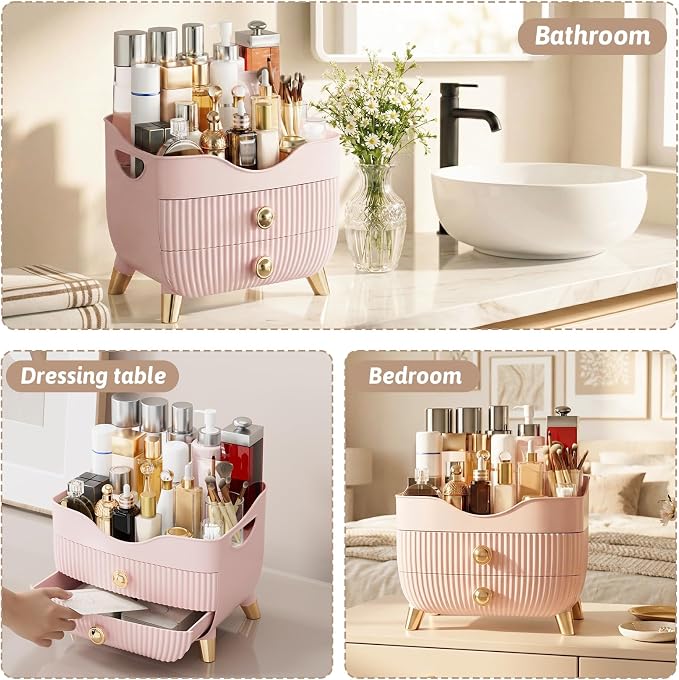 Makeup Organizer Countertop, Large Capacity Skincare Organizer for Vanity | Cosmetics Organizer with Drawes & Handle, Cosmetic Display Cases Storage Box for Dresser, Bathroom, Gifts for Women(Pink)