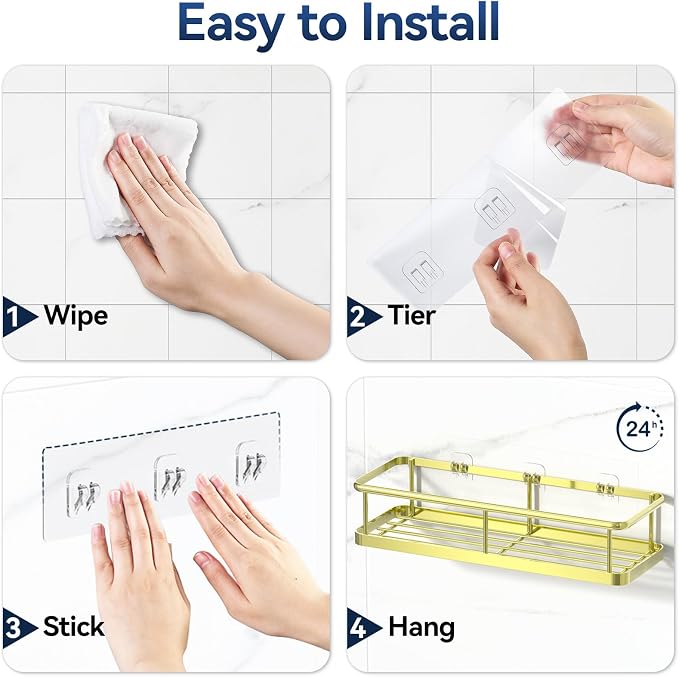 YASONIC Shower Caddy Adhesive, Rustproof Shower Organizer with Soap Holder, Large Capacity Shower Shelves for Inside Shower, No Drilling Bathroom Organizers and Storage for Home Decor（3 Pack Gold）