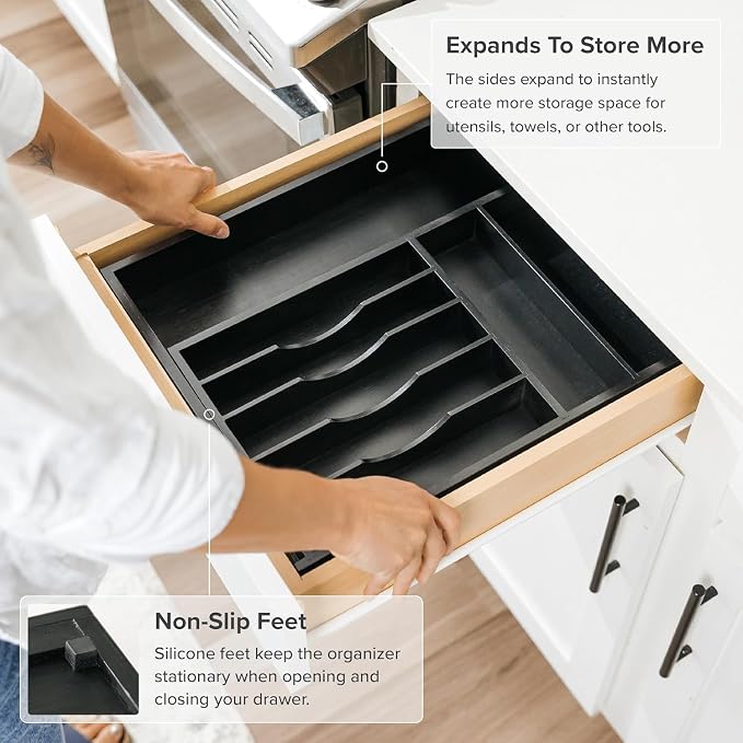 KitchenEdge Silverware & Utensil Drawer Organizer, 10.5-19 in, Black Bamboo | Cutlery, flatware, food-safe contract grade, kitchen drawer fit