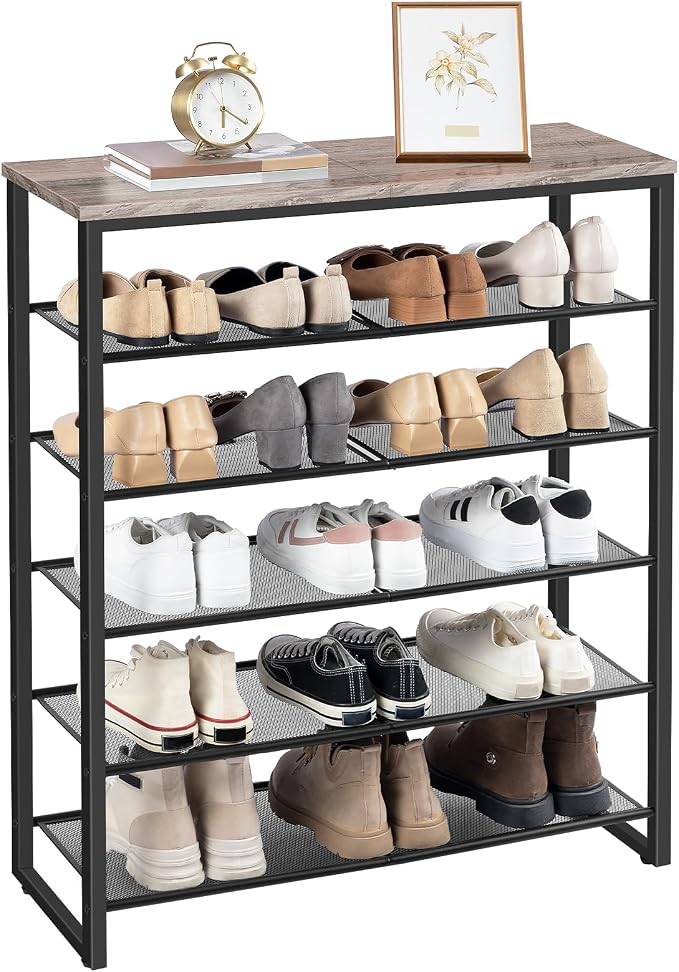 HOOBRO Shoe Rack, 6-Tier Shoe Organizer, for 18-24 Pairs of Shoes, Large Capacity Shoe Storage Shelf, for Entryway, Closet, Hallway, Dorm Room, Industrial, Greige and Black BG67XJ01G1
