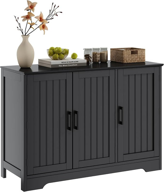 ChooChoo Modern Sideboard Buffet Cabinet with Adjustable Shelves | Coffee Bar Storage Cabinet, 3 Doors, for Kitchen, Dining Room, Living Room, Black