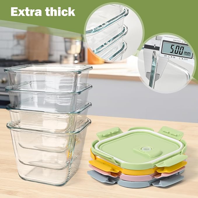 Borosilicate Glass Soup Containers with Lids, 4 Cup/32 oz, 4 Pack | Microwave Dishwasher Oven Freezer Safe | Airtight Leak Proof | Food Grade | Square Soup Meal Prep | Lunch | Food Storage Set