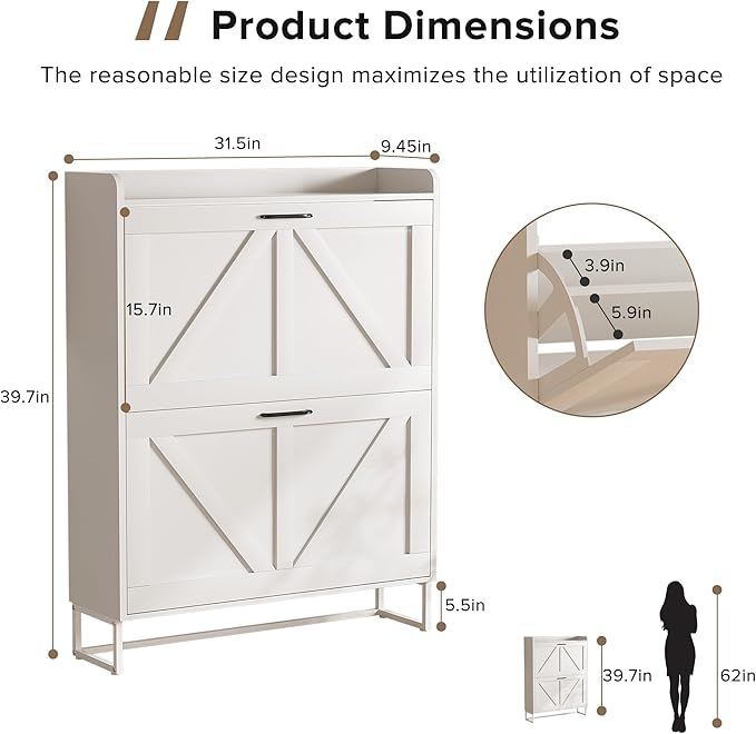 EOYUTLLY Shoe Cabinet for Entryway with 2 Flip Drawers,Narrow Wooden Shoe Storage Cabinet with Metal Legs,Hold 24 Pairs, 4-Tier Adjustable Shelves–Freestanding Hidden Shoe Organizer for Hallway, Foyer