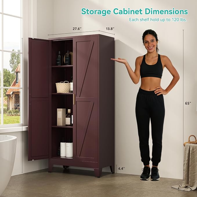 Metal Storage Cabinet with Doors and Adjustable Shelves | 61" Tall Pantry Cabinet for Kitchen Dining Room Bathroom Garage,Reddish Brown,1 Pce