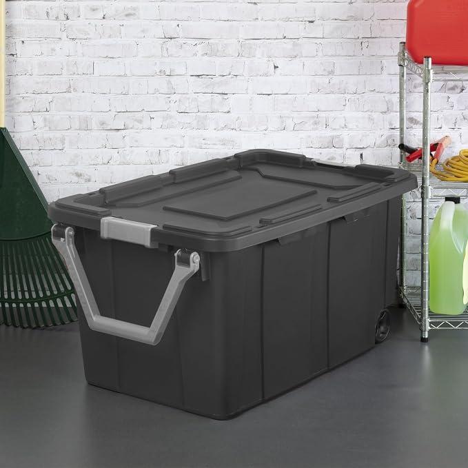 40 Gallon Heavy-Duty Rolling Storage Bins 2-Pack, Dark Gray Industrial Plastic with Pivot Handle, Leakproof Lid & Latches, for Garage Warehouse Equipment Transport & Storage
