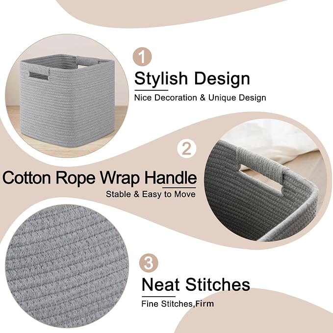 OIAHOMY Storage Cubes 11 Inch Bins-3-Pack, Cotton Rope Woven Baskets for Organizing, Square Storage Baskets for Shelves, Classroom, Kids Toy Bins, Closet, Baby Nursery-Grey