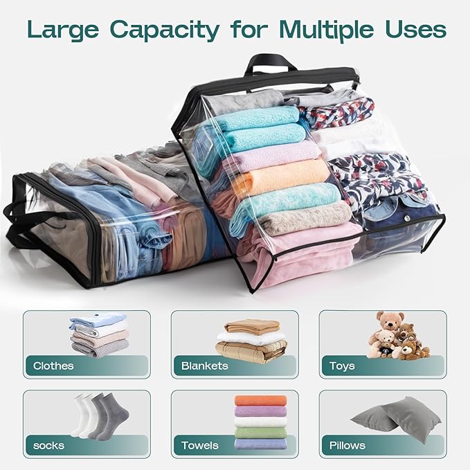 Under Bed Storage Bags Organizer, 22L Clear Storage Bags, Bags Organizer Clear Zipper Containers Bedroom, Storage Bag for Sweater, Clothes, Shoe Toy, Blanket, Sheet (Black,10PACK)