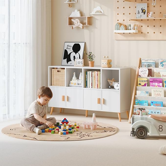 8-Cube Storage Organizer with Doors & 5 Solid Wood Legs, Mid-Century Modern Bookshelf with Seamless Top, Horizontal Cubby Toy Storage for Kids, Sideboard Media Console fits 11" Bins, White
