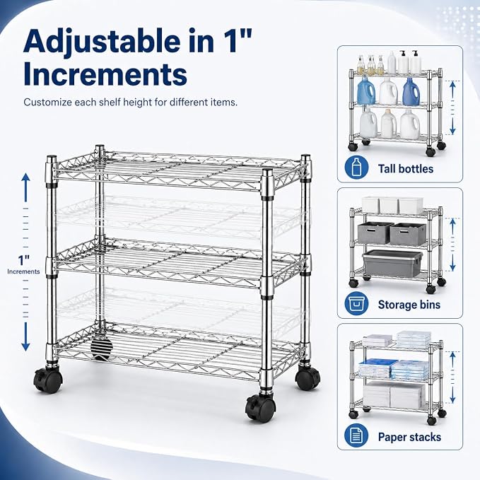 Simple Deluxe 3-Tier Storage Shelves, 750 Lbs Loading Capacity, 24.02" W x 13.78" D x 21.97" H Shelving Unit for Garage, Pantry and Kitchen, Chrome