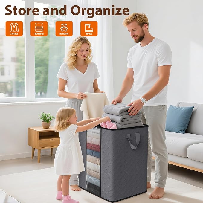 SpaceWhisper 6 Pack 100L Clothes Storage, Foldable Thick Fabric Blanket Storage Bags, Containers for Organizing Bedroom, Closet, Clothing, Comforter,Closet Organization with Handle,Grey