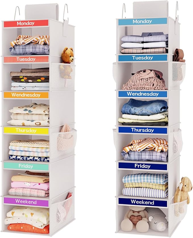 Fixwal Weekly Kids Clothes Organizer 2 Pack 6-Shelf Hanging Storage | Nonwoven Fabric, 6 Daily Shelves, 6 Mesh Side Pockets, 2 Metal Hooks, Foldable Design, for Kids Outfits and Accessories