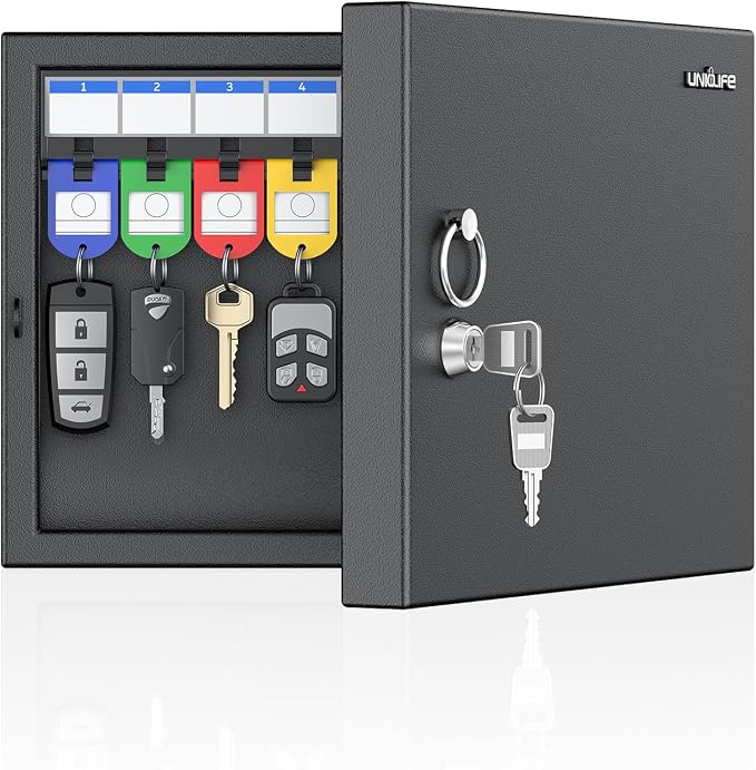 Uniclife 16 Keys Key Lock Box, Wall Mount Key Box, Car Key Organizer with Writable Key Racks and Tags, Security Key Cabinet, Car Key Holder Storage Box for Office, Hotel & Company