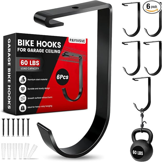 Bike Hooks for Garage Ceiling Mount Rack, Add on Storage Flat Hook, 6 Pack | Anti-Rust Overhead Garage Hooks for Wall Shelving, 60lbs Load Capacity, Tool-Free Installation