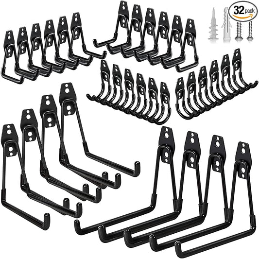 GUDEMAY 32 Pack Steel Garage Hooks Heavy Duty, Utility Wall Mount Hook with Anti-Slip Coating, Hanger & Organizer for Bulk Items, Bikes, Ladders, Power Tools, Ropes, and More Equipment