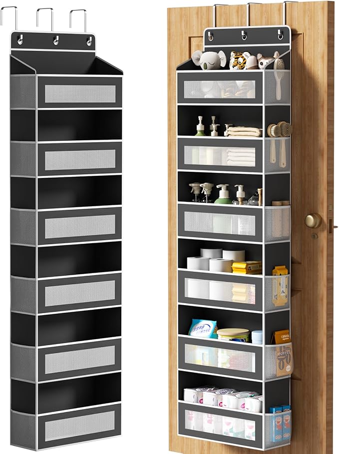 AQOOA 6-Tier Over The Door Organizer 44 lbs Capacity fit Standard Doors | Over the Door Storage 6 Large 12 Side Pockets Behind Door Storage, Closet Door Organizer Hanging Shelf, Black