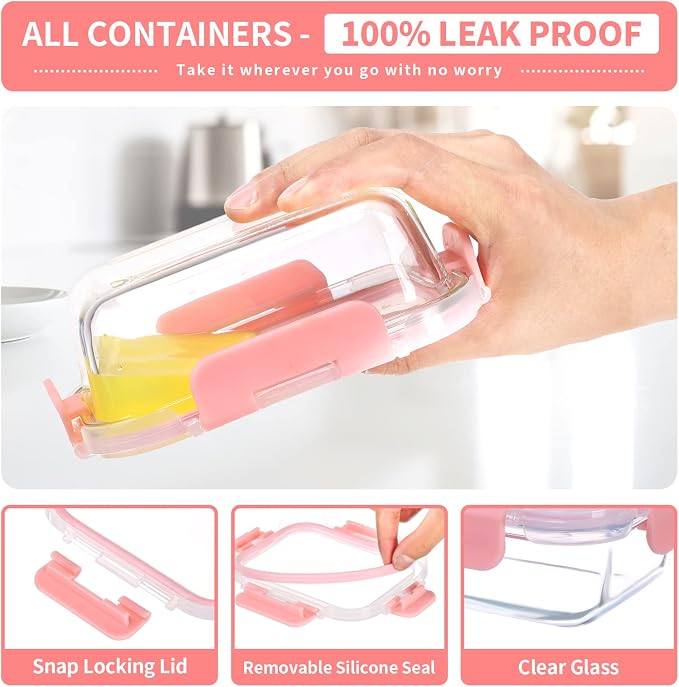 GULFLIN 12 Pack, 12oz Small Glass Food Storage Containers, Pink Set | Portion Control Glass Food Containers with Lids, Meal Prep, Freezer to Microwave Safe, Air-Tight, Leak-Proof