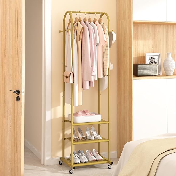 Kaitiemoo Clothing Rack, Mobile Garment Rack with Wheels & 3 Shelves, Gold | Heavy Duty Frame, Fits Small Spaces, 71.8 Inches Display Rack, Easy to install, Gold clothes rack