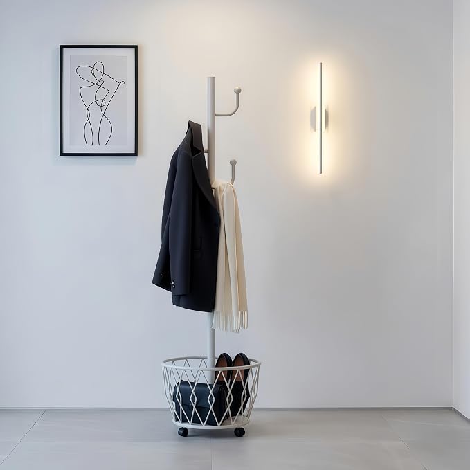 Off-White Moveable Cactus Metal Coat Rack with Basket Freestanding | Modern Organizer for Scarf Jacket Hat Bags Ideal for Home Entryway Bedroom Corner Stable