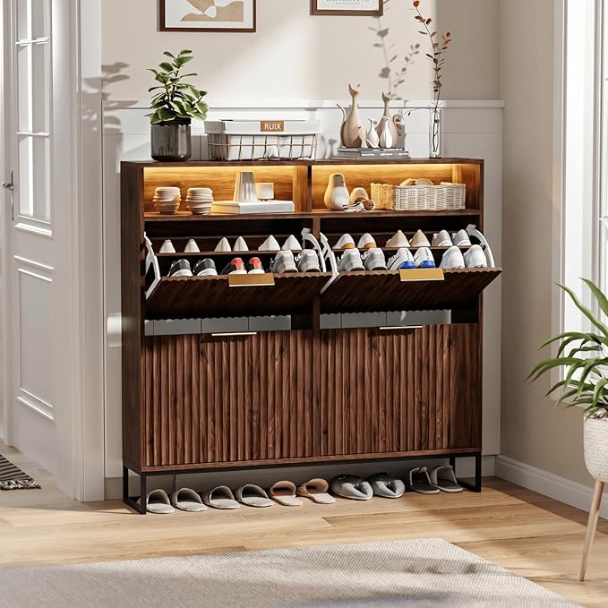 VINGLI Walnut Fluted Shoe Cabinet for Entryway, Narrow Hidden Shoe Storage Organizer with 4 Flip Drawers & 16-Color LED Lights, Mid Century Modern Slim Freestanding Shoe Rack with Cubby