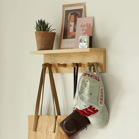 Entrance Coat Rack ，Coat Hooks, Wall-Mounted Wooden Hook Rack, Wall-Mounted Shelves(Oak Colored Finish—A-1)