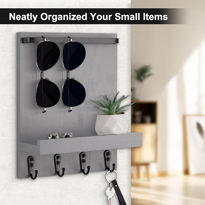 Key Holder Wall Mount, Key Holder for Wall with 4 Hooks, Farmhouse Key Hanger Holds Dog Leash, Sunglasses – Decorative Mail Organizer Home Decor