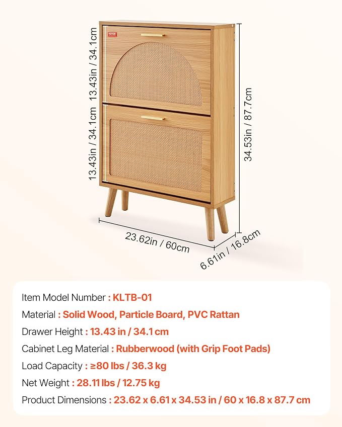 VEVOR Shoe Cabinet with 2 Flip Drawers, Shoe Storage Cabinet for Entryway, Free Standing Shoe Storage Organizer with Rattan Doors for Heels, Boots, Slippers in Hallway, Living Room