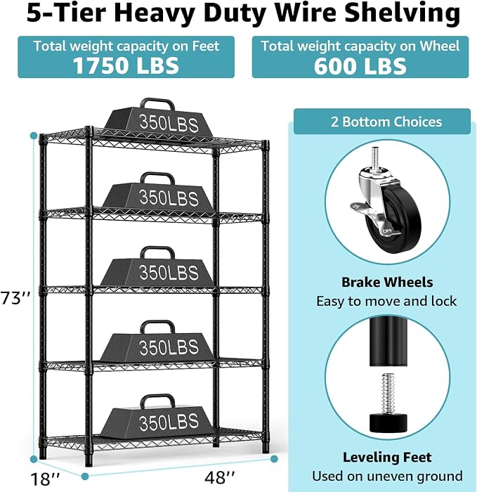 M MZG 5-Shelf Storage Shelves,Wire Shelving Heavy Duty Metal Storage Shelving Unit Adjustable Garage Shelving Rack Pantry Kitchen (Black, 5 Tier,17.7" D x 47.2" W x 76.7" H)