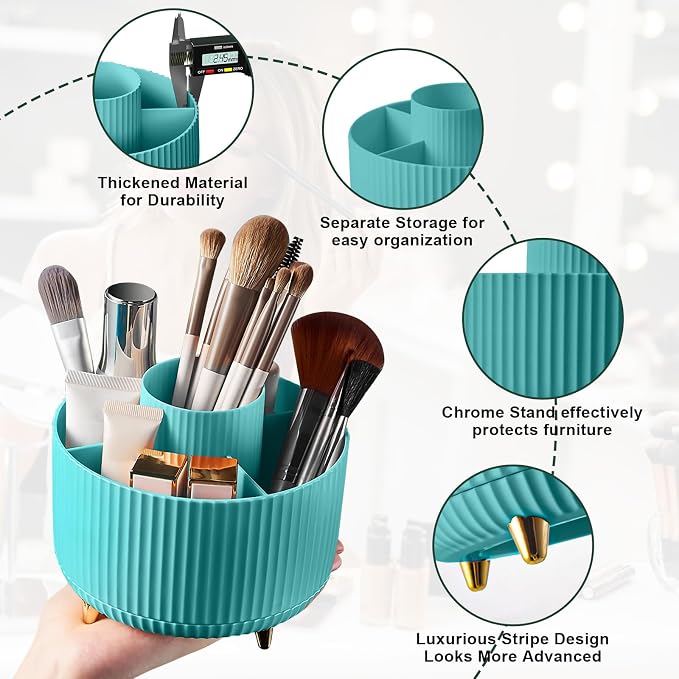Diesisa 360 Rotating Makeup Brush Organizer With 5 Sections, Spining Countertop Swivel Makeup Brush Holder for Cosmetics, Nail Polish, Art Supply, Bathroom Vanity Desktop Organizer - Blue