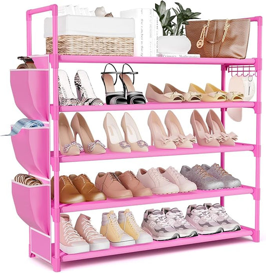 VILICK Shoe Rack for Closet Shoe Organizer Space Saver Storage for 20-25 Pair Shoe Shelf with Hook and Side Pocket Free Standing 5 Tier Shoe Rack Organizer for Entryway,Small Spaces, Pink