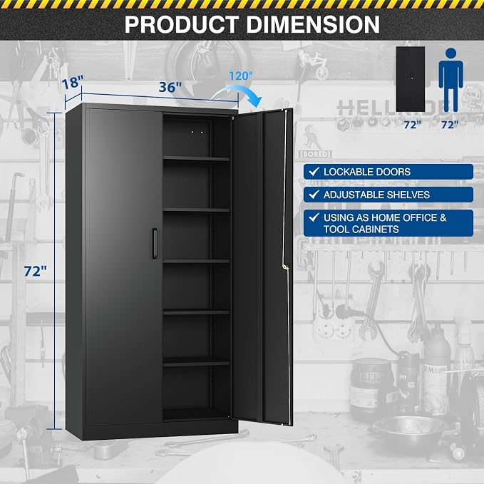 Fesbos Metal Storage Cabinet-72” Tall Steel File Cabinet with Lockable Doors and Adjustable Shelves-Black Steel Storage Cabinet for Home, School, Office, Garage