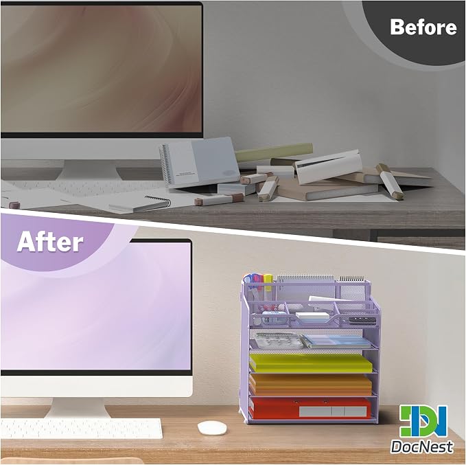 Docnest 5 Tier Mesh Desk Organizer with Letter Tray & Paper Sorter, Purple | Features 3 built-in pen holders & 5 adjustable compartments on top. Includes 4 non-slip rubber feet for desk protection