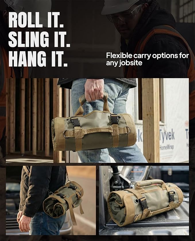 Tool Roll Up Bag, 1680D Heavy Duty Tool Bag Organizer with 2 Detachable Tool Pouches & Multiple Pockets, Waterproof Motorcycle Tool Roll for Mechanic & Electrician, Gift for Men Him Dad, 21.9"*13.8"