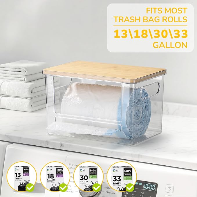 Extra Large Trash Bag Holder 4 Pack Garbage Bag Dispenser Roll Holder with Lid Laundry Room Organizer Under Sink Stackable Storage, Wall Mounted Laundry Dryer Sheet Holder Clear Pod Container