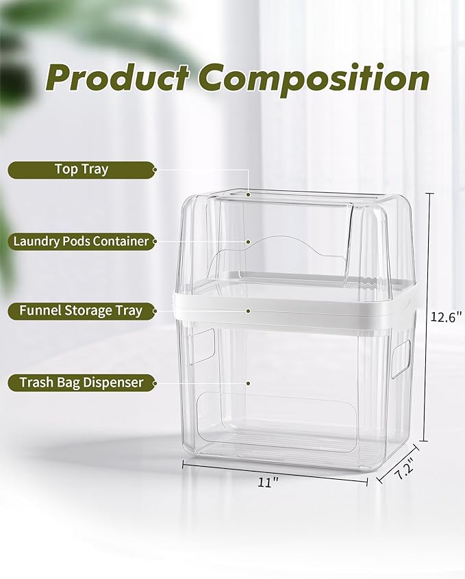 iCASA Trash Bag Dispenser Dishwasher Pods Container Under Sink Organizer | 3 in 1 Stackable Trash Bag Holder Garbage Bag Dispenser for 13/30/33 Gallon Bags, Clear Storage Bins Laundry Pods Container