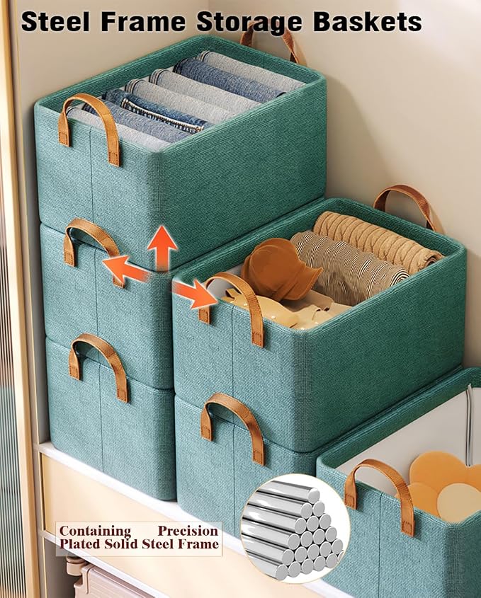 AARAINBOW 4 Pcs Closet Clothes Organizer with Handle, Fabric storage Box with Steel Frame Stackable Shelf Storage Baskets Foldable Storage Baskets for Organizing Clothes Jeans, 23L (4 Green)