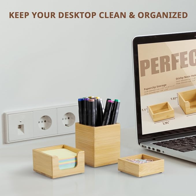 Desk Organizer Set of 3 - Bamboo Office Desk Accessories - Desk Organizers and Accessories for Women Men - Set incl. Pencil Pen Holder, Paperclip Storage and Sticky Note Holder