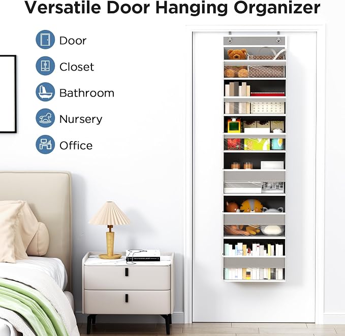 6 Tiers Over The Door Organizer, Behind The Door Storage Hanging Shelves | Heavy Duty Hanging Organizer Storage with Large Capacity Pockets for Closet Wall Bathroom Bedroom Nursery Pantry, 1 Grey