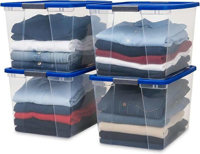 HOMZ 4-Pack Secure Latch, Clear Plastic Storage Organizer Bins, 64 Quart, Blue Lid - Stackable Container Boxes for Bedroom, Bathroom, Garage, and Office Organization
