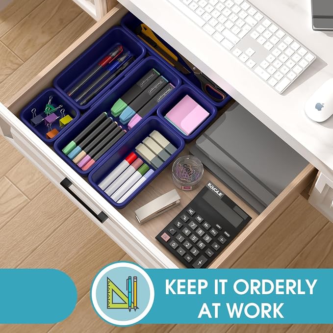 6 PCS Drawer Organizer Set, 3 Size Makeup Drawer Divider Organizer With Non-Slip Pads, Interlocking Plastic Storage Bins for Office,Jewelry Vanity,Gadgets, Bathroom,Kitchen, Navy