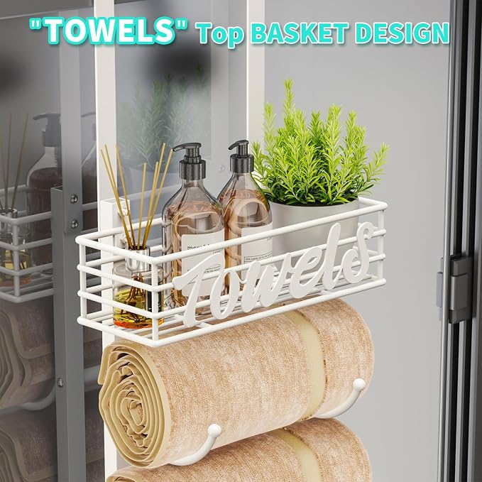 HapiRm Towel Racks for Bathroom Storage - 6 Tier Over The Door & Wall Mount Rolled Towel Storage Organizer Holder with Metal Shelf Basket for Small Bathroom, Camper, Rv - White, Patented
