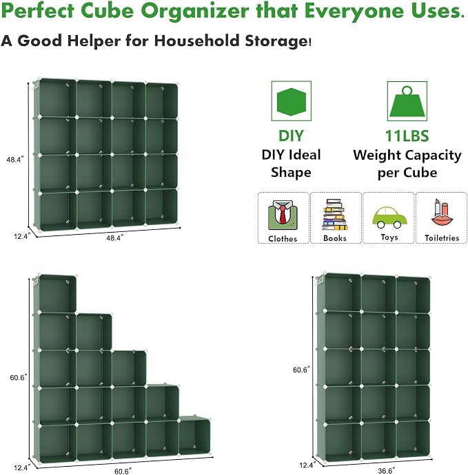 C&AHOME 16 Cube Storage Organizer Cube Shelf Units Storage Cubes, Green | Plastic DIY Closet Organizer, Stackble Modular Closet Storage Shelves Ideal for Home, Bedroom, 48.4" L × 12.4" W × 48.4" H