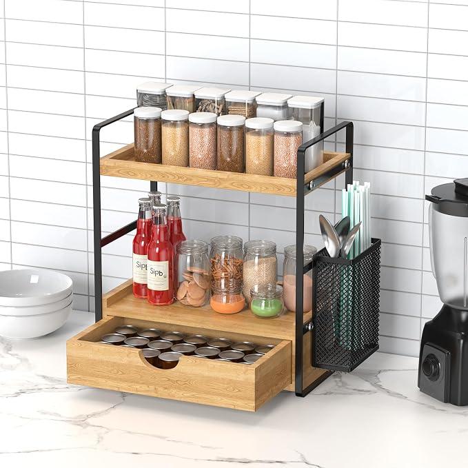 Bathroom Counter Organizer with Drawer and Basket,Wood Countertop Organizer for Bathroom Decor Makeup Tray for Perfume Skincare Bedroom Kitchen Corner