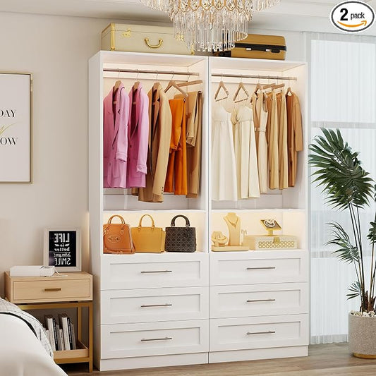 Closet System with 2 Sets, 4FT-10FT Customizable Closet Organizer System with 6 Wooden Drawers & 2 Shelves & 4 Hanging Rods, Walk-in Closet or Freestanding Tower Closet Storage System, White