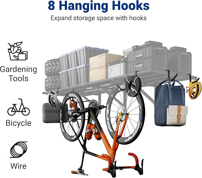 FLEXIMOUNTS 4-Pack 2x6ft Garage Wall Shelving with 8 Hooks, 1200lbs, Black | Heavy Duty Garage Shelving Wall Mounted, Rustproof Finish, Storage for Power Tools, Garden Supplies, Storage Bin, Lite Series