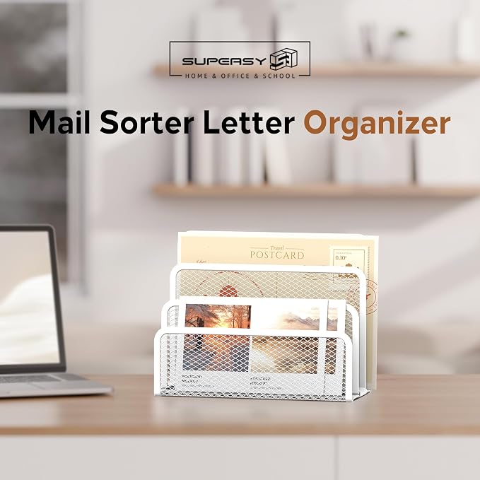 Mail Organizer Countertop for Desk, Mail File Holder with 3-Slot, White | Metal Mesh Mail Sorter for Letters, Envelopes, Bills, and Files for Home Offices, Classroom Organization